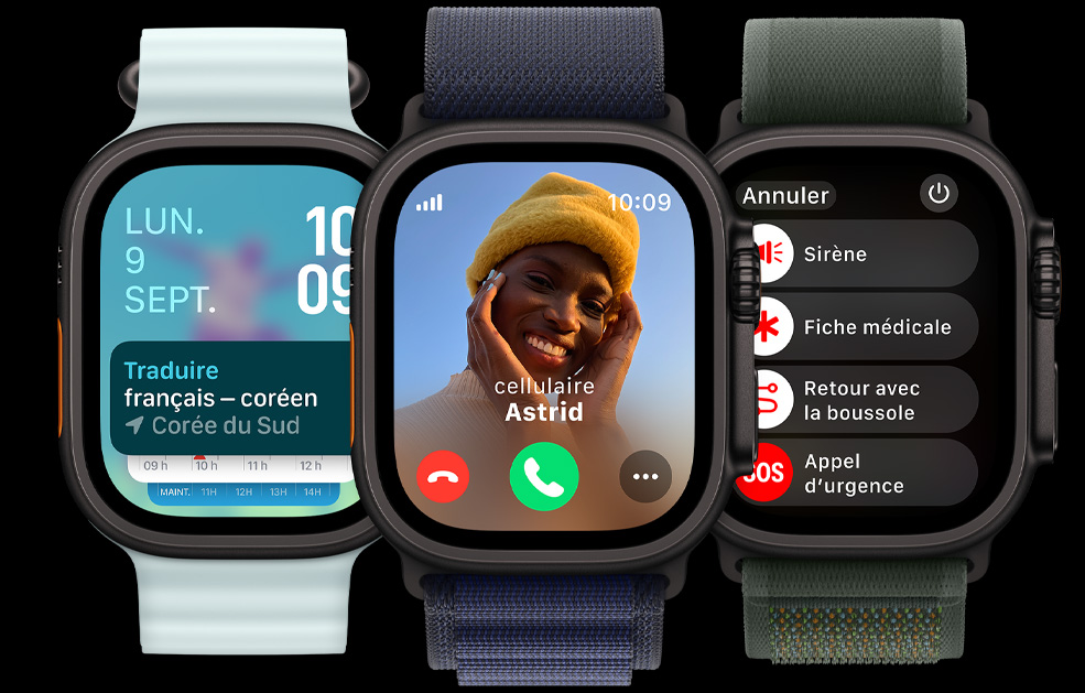 Trois écrans d’Apple Watch Ultra. Le premier affiche l’app Traduire, le deuxième un appel entrant, et le dernier les ic?nes Sirène, Fiche médicale, Itinéraire de retour et Appel d’urgence.