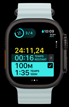 Apple Watch Ultra 2, affichant un intervalle chronométré dans le cadre d’un entra?nement personnalisé.