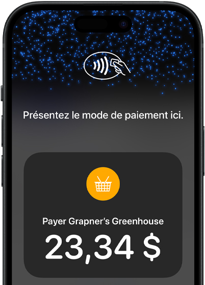 Gros plan sur l’écran d’un iPhone affichant l’ic?ne de paiement sans contact et les renseignements de la transaction.