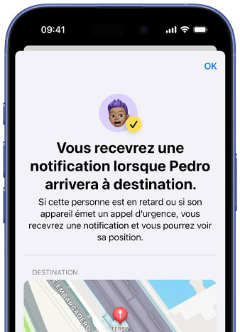 écran d’iPhone confirmant qu’une notification Localiser a été configurée, le message indique ? Vous recevrez une notification lorsque Pedro arrivera à destination ?, une carte affichant une position est épinglée dans le bas de l’écran