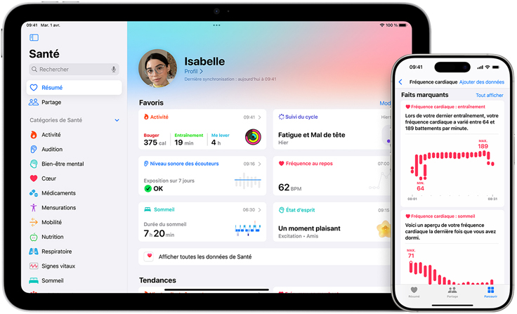 écran affichant le résumé de l’app Santé, Favoris, à c?té se trouve un autre écran affichant Santé, Fréquence cardiaque, Faits marquants