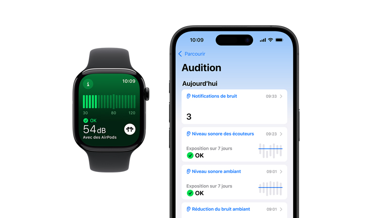 Apple Watch Series 10, bracelet sport noir, interface affichant la mesure du bruit ambiant, à c?té se trouve un iPhone 16, interface affichant Audition, Niveau sonore ambiant et Réduction du bruit ambiant