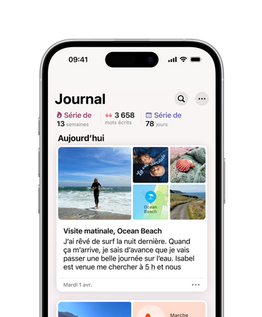 iPhone 16, vue avant, écran affichant Journal