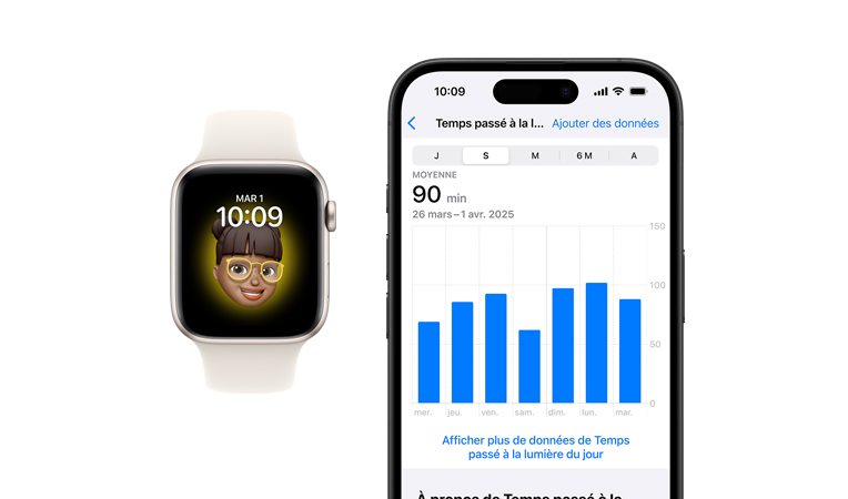Apple Watch SE, bracelet sport blanc, vue avant, écran affichant Horloge, Memoji, à c?té se trouve un iPhone 16 vu de face, écran affichant l’app Santé, graphique Temps passé à la lumière du jour