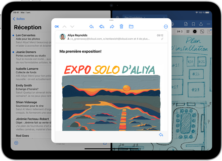 écran d’iPad montrant les apps Mail et GoodNotes ouvertes c?te à c?te. Un courriel est ouvert dans une autre fenêtre.
