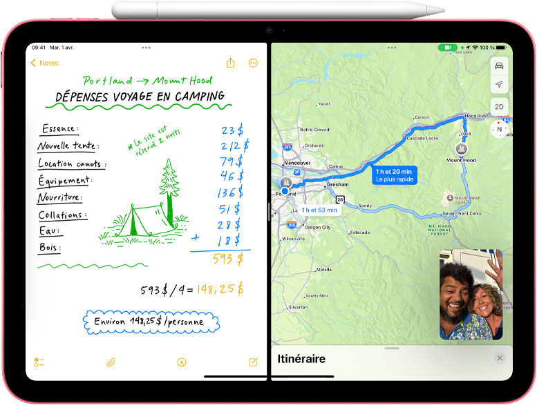 écran d’iPad montrant une note mathématique dans l’app Plans et une vignette FaceTime en mode Image dans l’image.