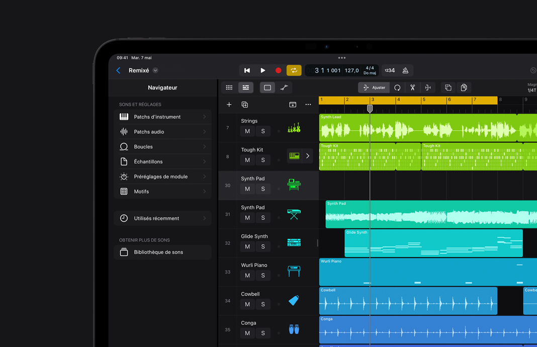 Aper?u de la bibliothèque de sons de Logic Pro sur iPad Pro.