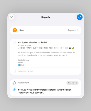 Une liste dans l’app Rappels affiche des rappels intelligents et des suggestions de taches