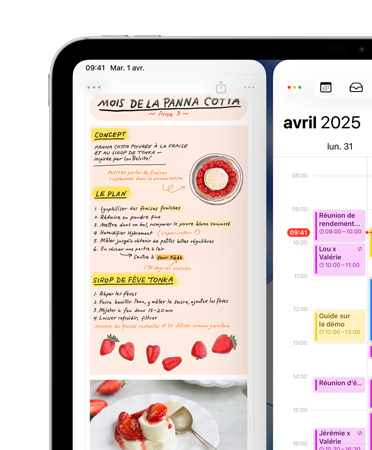 iPad, orientation paysage, la portion supérieure gauche de l’écran montre les apps Notes et Calendrier, placées c?te à c?te, pour illustrer les fenêtres en mosa?que