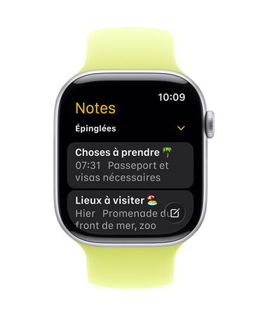 Une Apple Watch argent assortie d’un bracelet tressé de couleur pivoine, dont le cadran montre l’app Notes et deux notes épinglées