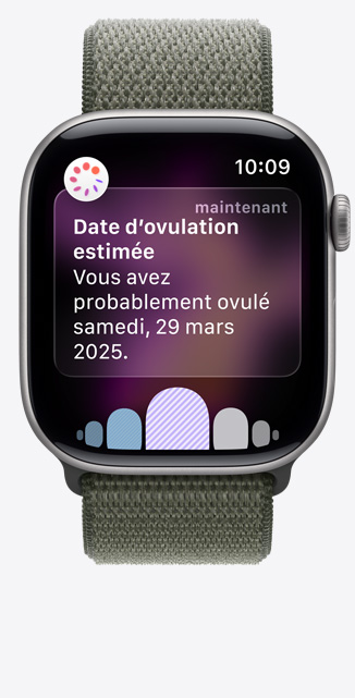 Apple Watch Series 11, bo?tier en aluminium gris cosmique, notification de l’estimation de la date d’ovulation par Suivi du cycle dans l’app Santé, Digital Crown, bracelet, sport à rabat forêt