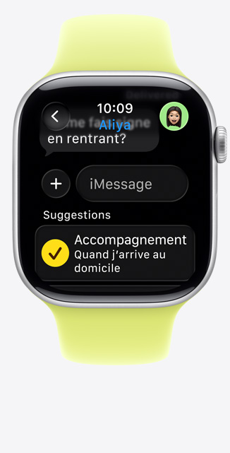  Apple Watch Series 11, bo?tier en aluminium, argent, suggestion de la fonctionnalité Accompagnement dans iMessage