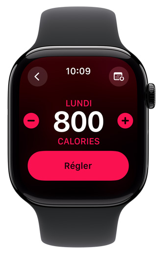 écran d’Apple Watch affichant un objectif de 800 calories pour l’anneau Bouger