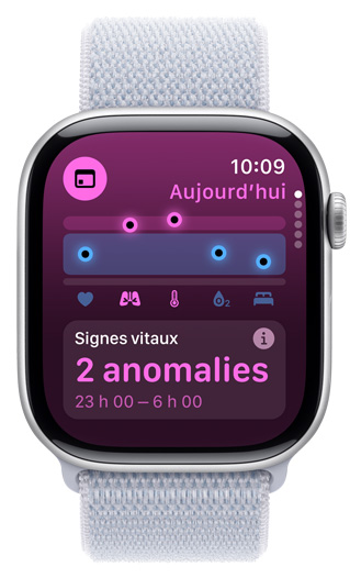 écran d’Apple Watch affichant Signes vitaux nocturnes : deux anomalies