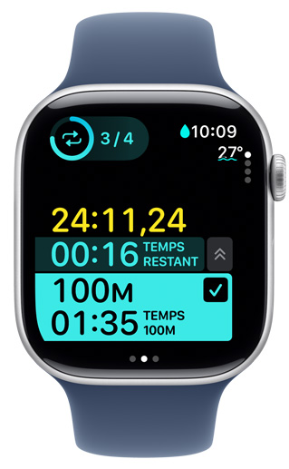 écran d’Apple Watch affichant le minuteur d’un entra?nement en piscine personnalisé