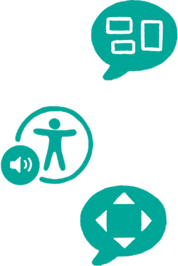 Three Apple accessibility icons, representing: VoiceOver, Spoken Content, and Voice Control.