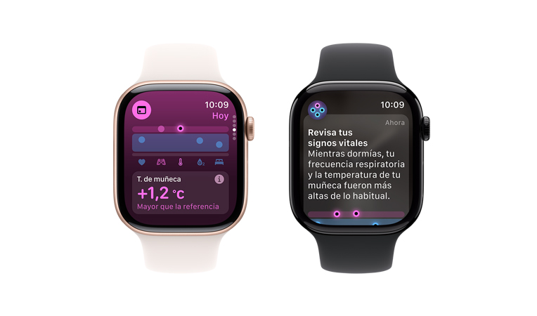 Apple Watch Series 10 con correa deportiva blanca, interfaz de usuario con un texto que dice Signos Vitales y Temperatura de la mu?eca, al lado se muestra otro Apple Watch Series 10 con correa deportiva negra, interfaz de usuario con un texto que dice Signos Vitales, Temperatura de la mu?eca, Frecuencia cardiaca y Análisis