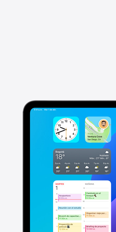 Funcionalidad VoiceOver en la pantalla de un iPad Pro que muestra el widget de la app Clima con la salida de audio: “Clima, Bogotá 18 grados”