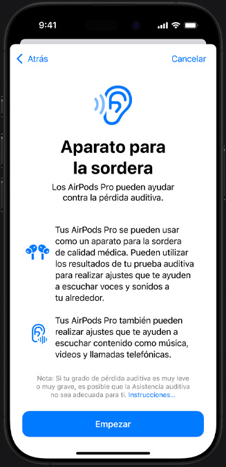 La pantalla inicial de Asistencia Auditiva.