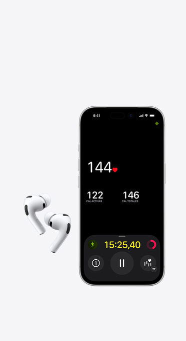 Audífonos izquierdo y derecho junto a un iPhone con la la detección de frecuencia cardiaca en la pantalla