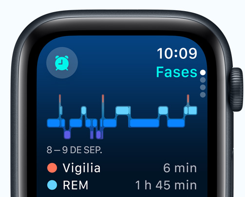 Pantalla de la app Sue?o con las distintas fases del sue?o, los minutos de vigilia y los minutos en fase REM.