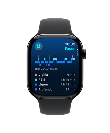 Vista frontal de un Apple Watch Series 10 con correa deportiva negra, interfaz de usuario con un texto que dice Sue?o, Fases del sue?o, Análisis y Tiempo de sue?o