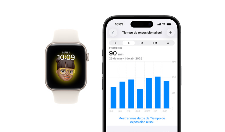 Apple Watch SE 3, caja de aluminio, blanco estelar, carátula Memoji, iPhone, pesta?a Compartir Datos de Salud con el Tiempo de Exposición al Sol en pantalla