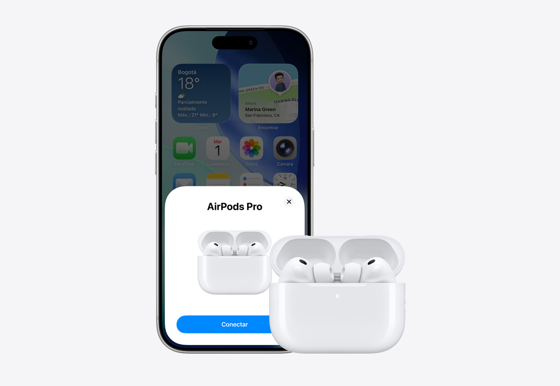 Vista frontal de un iPhone, con un mensaje de conexión a los AirPods en pantalla, estuche de AirPods abierto junto al iPhone
