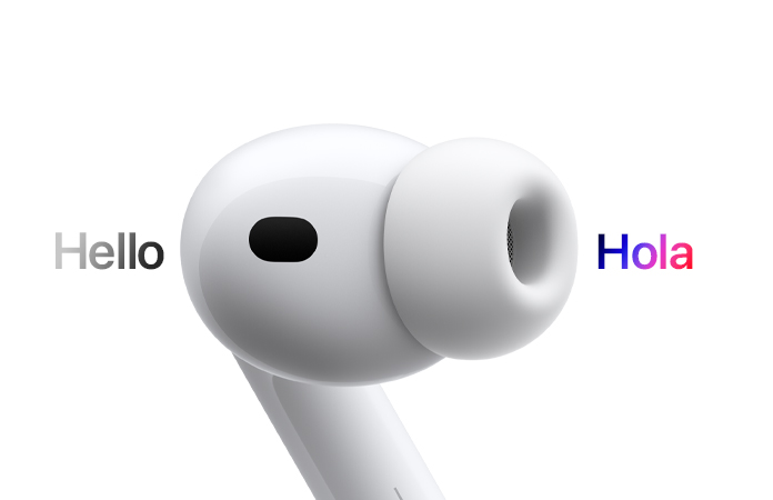 Audífono de los AirPods Pro 3 que muestra una traducción en vivo del espa?ol al inglés.