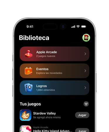 iPhone, mitad superior de la pantalla mostrando el dise?o de la app Juegos, incluida la pesta?a Biblioteca, con Apple Arcade, Eventos, Logros y la sección Todos los Juegos