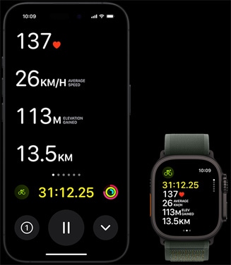 ?ivá aktivita se zobrazením cyklistickych ukazatel? na Apple Watch Ultra 2 i na iPhonu.