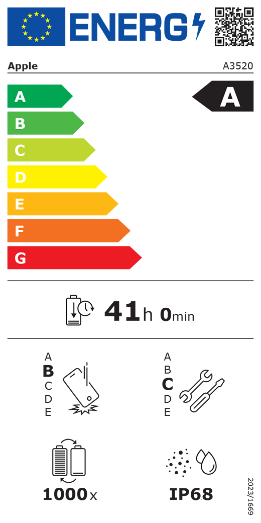QR kód a informace na energetickém ?títku EU, model Apple A3520, t?ída A, t?ídy energetické ú?innosti (se stupnicí od A do G), A (nejvy??í ú?innost) a? G (nejni??í ú?innost), vydr? baterie na jeden cyklus, 41 hodin a 0 minut na plné nabití baterie, t?ída spolehlivosti p?i opakovaném volném pádu B, A (nejvy??í odolnost) a? E (nejni??í odolnost), t?ída opravitelnosti C, A (nejlep?í opravitelnost) a? E (nejhor?í opravitelnost), ?ivotnost baterie 1000 cykl?, stupeň ochrany proti vniknutí prachu a vody (IP) IP68, na?ízení 2023/1669