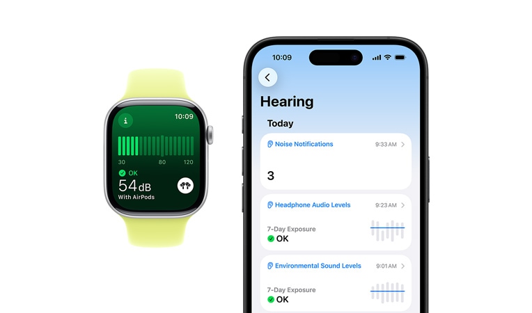Apple Watch Series 11, ?erny sportovní ?emínek, software zobrazuje mě?ení hluku, vedle je iPhone 16, zobrazené softwarové polo?ky Sluch, Hladiny zvuku v okolí a Prost?edí