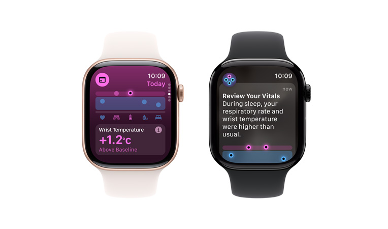 Apple Watch Series 10, bíly sportovní ?emínek, zobrazené softwarové polo?ky ?ivotní funkce, Teplota zápěstí, vedle jsou druhé Apple Watch Series 10, ?erny sportovní ?emínek, zobrazené softwarové polo?ky ?ivotní funkce, Teplota zápěstí, Tepová frekvence, Analyza