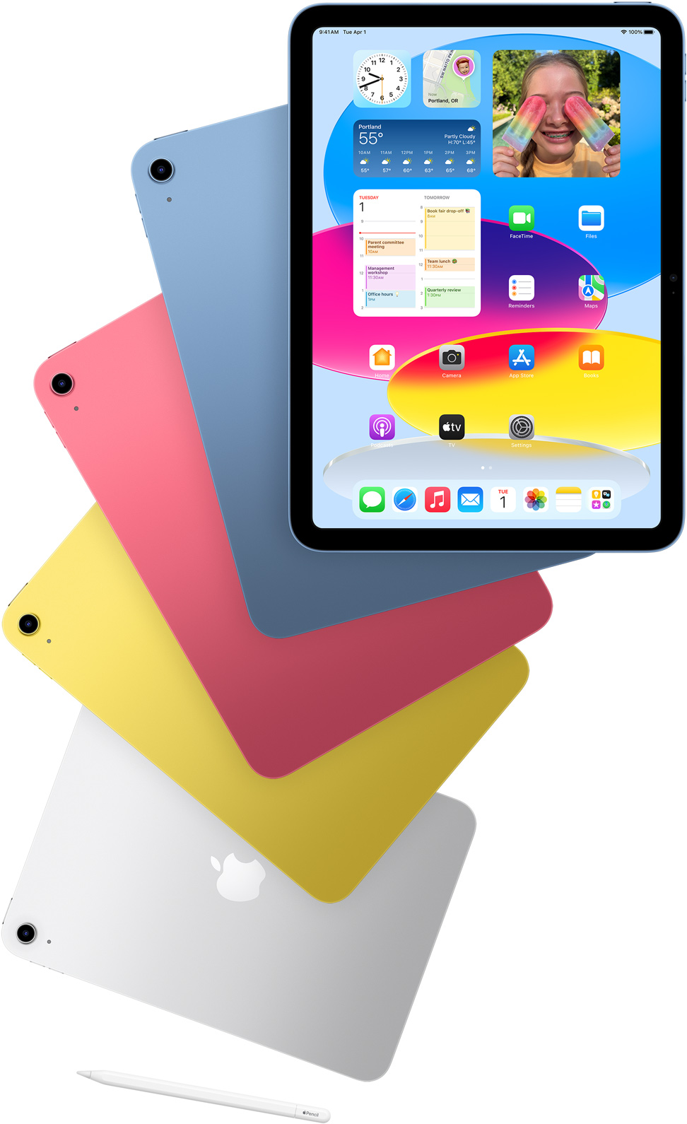 Pohled zep?edu na iPad se zobrazenou plochou a zezadu na modry, r??ovy, ?luty a st?íbrny iPad, které vystupují zpoza něj. Poblí? rozprost?enych model? iPadu je polo?eny Apple Pencil.