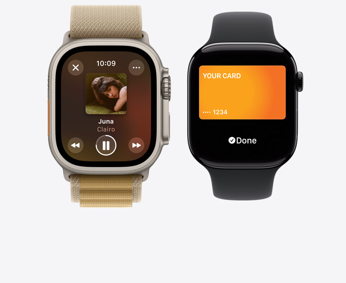 Pohled zep?edu na Apple?Watch Ultra?2 a?Apple?Watch Series?10, na kterych je vidět p?ehrávání hudby a?karta Apple?Card.