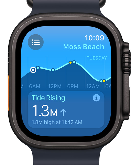 Apple?Watch Ultra s?novou aplikací P?íliv na obrazovce.