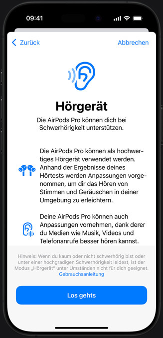 Der H?rhilfe Einführungsbildschirm