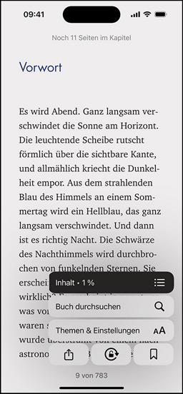 iPhone Bildschirm, der eine Buchseite in der Books App zeigt. Darüber werden Optionen zum Vergr??ern von Text, zum Durchsuchen des Buchs sowie Themen und Einstellungen auf dem Bildschirm eingeblendet