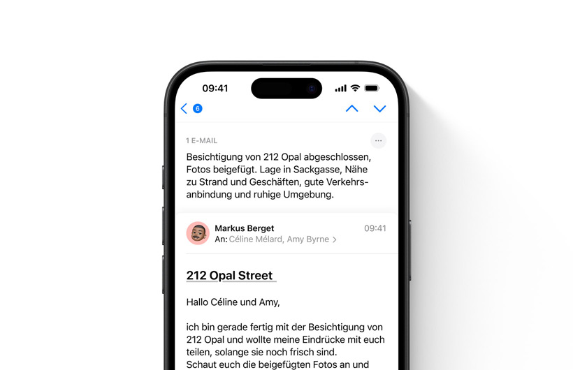 Eine E?Mail in der Mail App mit einer Zusammenfassung wird ganz oben angezeigt.