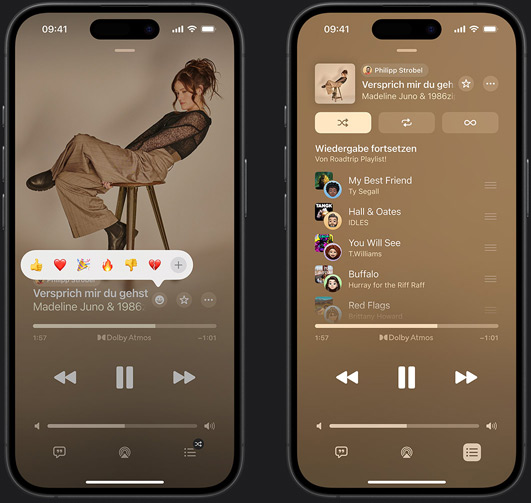 Das iPhone auf der linken Seite zeigt ?Don't Do Me Good“ von Madi Diaz und Kacey Musgraves mit einer Reaktion Emoji Eingabeaufforderung mit den Optionen ?Daumen hoch“, ?Herz“, ?Feiern“, ?Daumen runter“ oder ?Weitere Reaktion hinzufügen“. Das iPhone auf der rechten Seite zeigt eine gemeinsame Playlist mit dem Namen ?Roadtrip“ mit mehreren Songs, die von anderen Mitwirkenden hinzugefügt wurden.