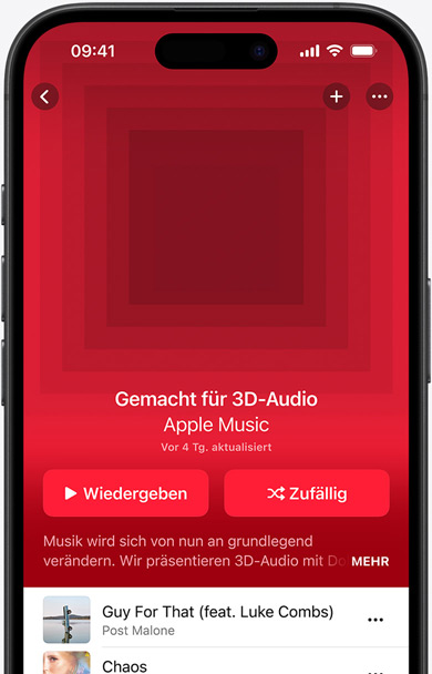 iPhone Display mit Coverbildern der ?Gemacht für 3D Audio“ Playlist in der Apple Music App