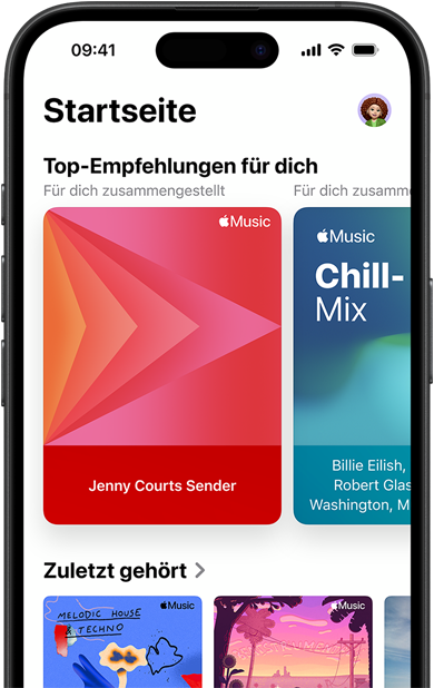 Bildschirm der Apple Music Startseite auf dem iPhone, ?Top-Empfehlungen für dich“ Karussell mit Jenny Courts personalisierten Sendern und Playlists