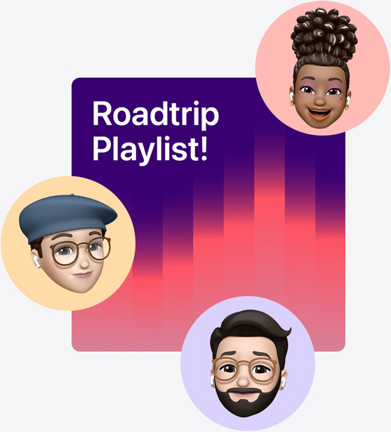 Coverbild einer gemeinsamen Playlist namens ?Roadtrip“, umgeben von Memojis
