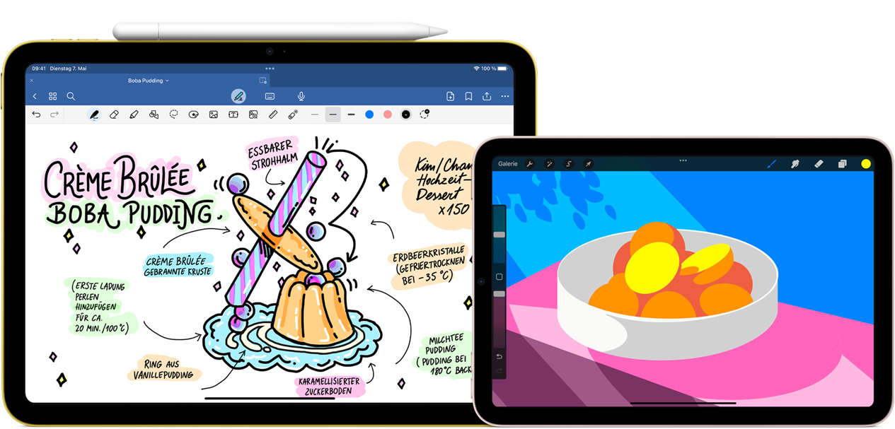 Links ein iPad im Querformat, das Display zeigt eine Grafik mit Notizen und eine Zeichnung, ein Apple Pencil USB?C haftet oben am Ger?t. Rechts ein iPad mini im Querformat, das Display zeigt eine bunte Illustration, die in ProCreate erstellt wurde.