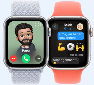 Zwei Apple Watches. Eine mit einem Bild von Papa, der anruft. Die andere mit einer Nachricht an Oma. Sie lautet: ?Oma, wir haben das Spiel gewonnen.“