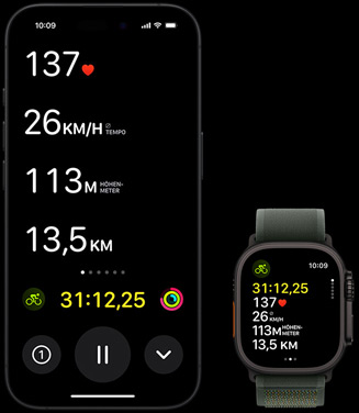 Live Aktivit?t zeigt die Radfahrdaten einer Person sowohl auf ihrer Apple Watch Ultra 2 als auch auf ihrem iPhone.