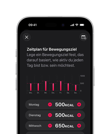 iPhone 16 Pro, Farbe Titan Schwarz, detaillierter t?glicher Zeitplan für Bewegungsziel