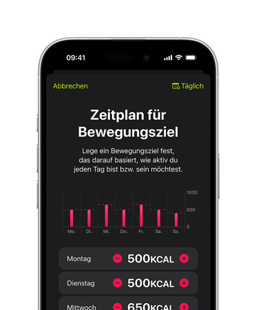 iPhone 16, Vorderansicht, Display-Inhalt: Zeitplan für Bewegungsziel