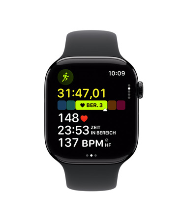Apple Watch Series 10, schwarzes Sportarmband, Vorderansicht, Display-Inhalt: Laufen outdoor, Herzfrequenzbereiche